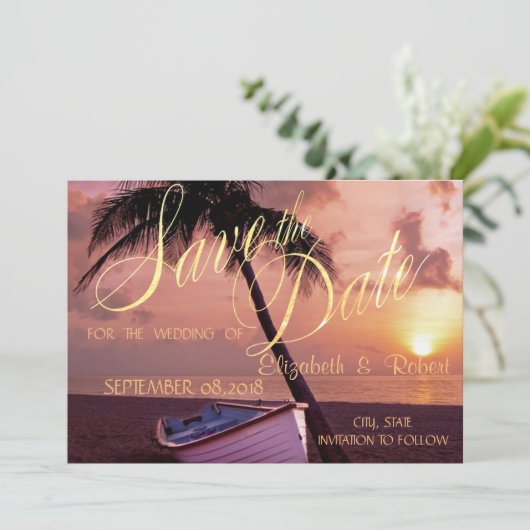 Beach Wedding Palm, Sunset, Boat Save the Date (Staand voorkant)