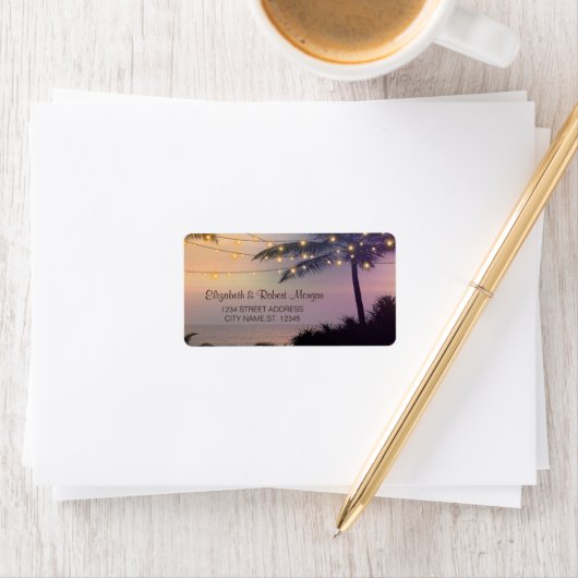 Beach Wedding, Palm Sunset Lights Label (Insitu)