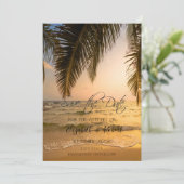 Beach Wedding, Palm Sunset Save the Date (Staand voorkant)