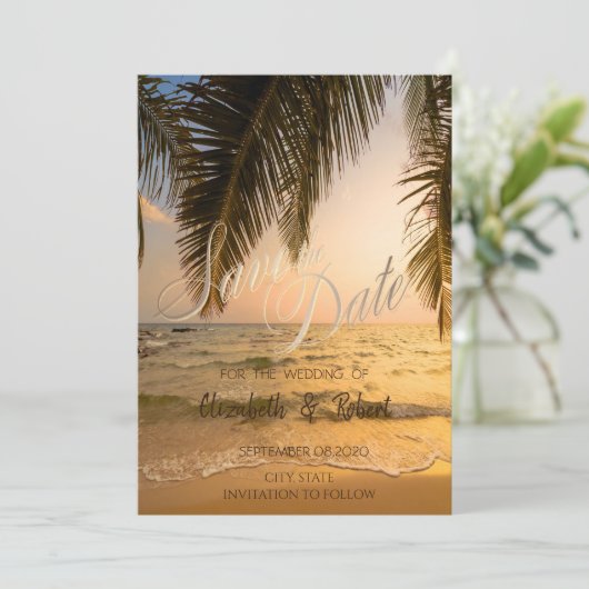 Beach Wedding, Palms Sunset Save the Date (Staand voorkant)
