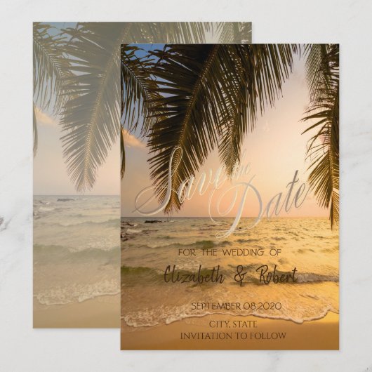Beach Wedding, Palms Sunset Save the Date (Voorkant / Achterkant)