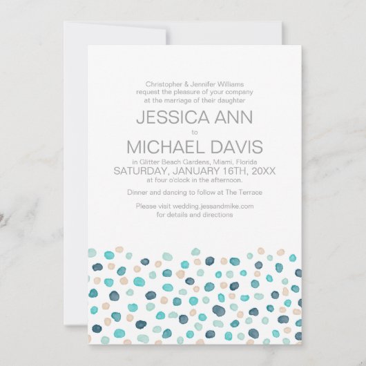 Beach Wedding Polka Dots Waterverf Modern Invitat Kaart (Voorkant)