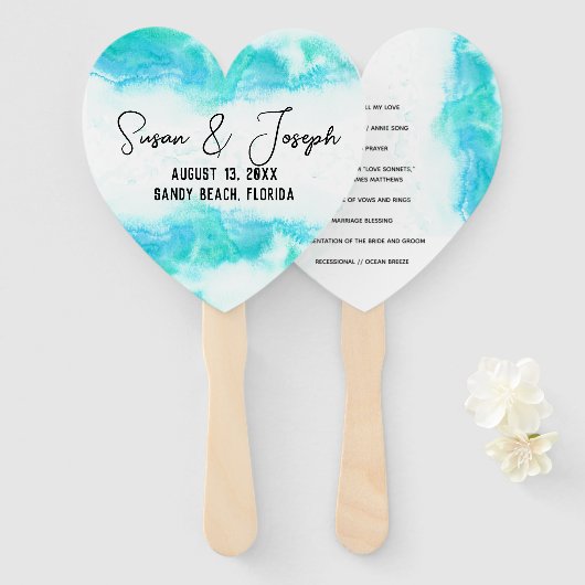 Beach Wedding Program Blue Waves Set Fans Handwaaier (Voorkant en achterkant)