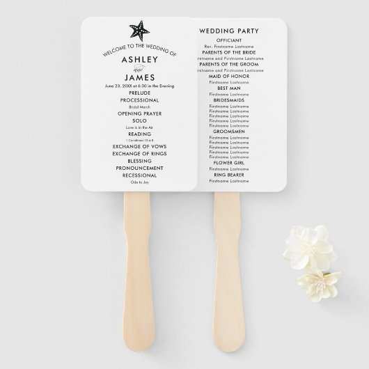 Beach Wedding Program Fan with Starfish, Black Handwaaier (Voorkant en achterkant)