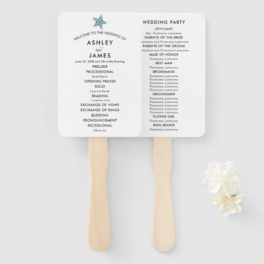 Beach Wedding Program Fan with Starfish, Blue Grey Handwaaier (Voorkant en achterkant)