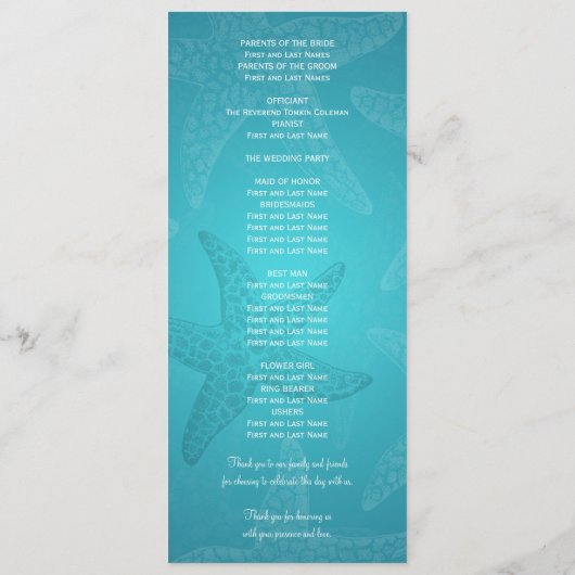 Beach Wedding Program Starfish Blue Programmakaart (Achterkant)
