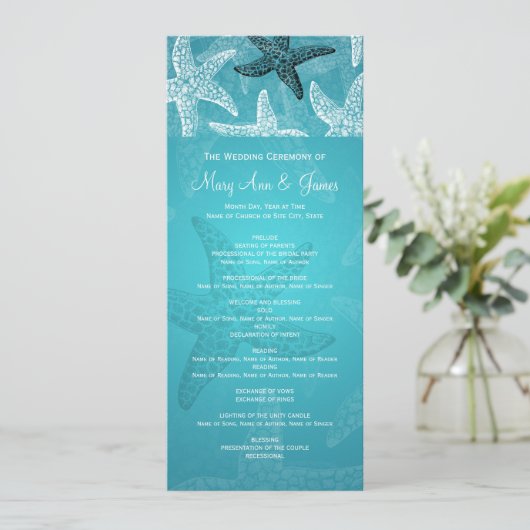 Beach Wedding Program Starfish Blue Programmakaart (Staand voorkant)