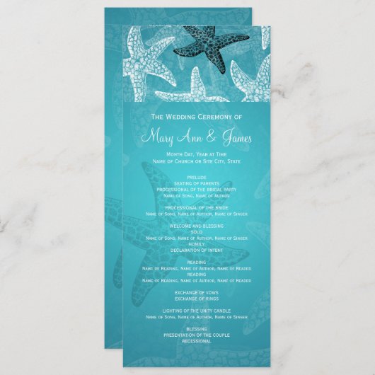 Beach Wedding Program Starfish Blue Programmakaart (Voorkant / Achterkant)
