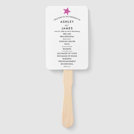 Beach Wedding Programme Fan with Starfish, Fuchsia Handwaaier (Voorkant)