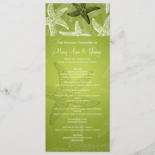 Beach Wedding Programme Starfish Lime Green Programmakaart (Voorkant)