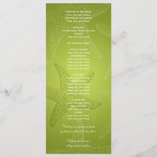 Beach Wedding Programme Starfish Lime Green Programmakaart (Achterkant)