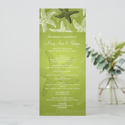 Beach Wedding Programme Starfish Lime Green Programmakaart (Staand voorkant)