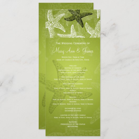 Beach Wedding Programme Starfish Lime Green Programmakaart (Voorkant / Achterkant)