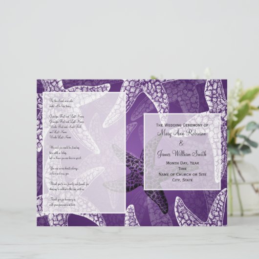Beach Wedding Programme Starfish Paars (Staand voorkant)