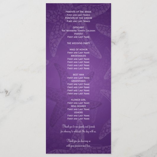 Beach Wedding Programme Starfish Paars Programmakaart (Achterkant)