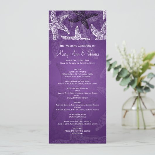 Beach Wedding Programme Starfish Paars Programmakaart (Staand voorkant)