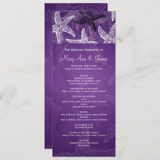 Beach Wedding Programme Starfish Paars Programmakaart (Voorkant / Achterkant)