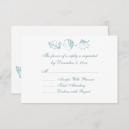 Beach Wedding RSVP Blue Seashells (Voorkant / Achterkant)