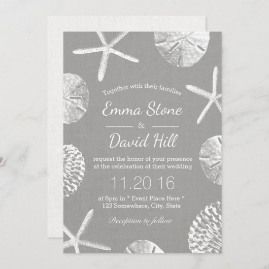 Beach Wedding Rustic Seashells Silver Linen Kaart (Voorkant / Achterkant)