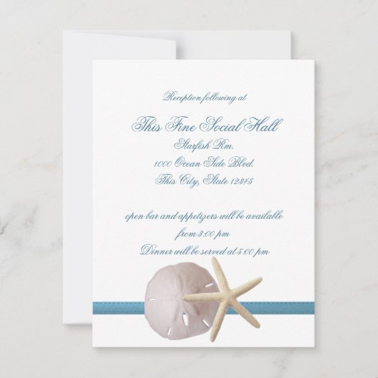 Beach Wedding Sand Dollar and Starfish Reception Kaart (Voorkant)