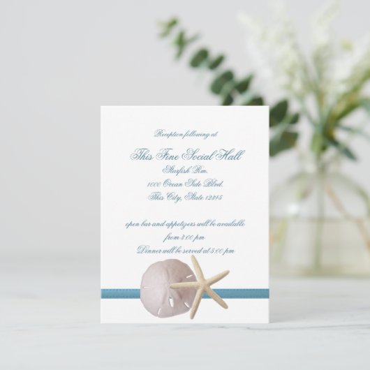 Beach Wedding Sand Dollar and Starfish Reception Kaart (Staand voorkant)