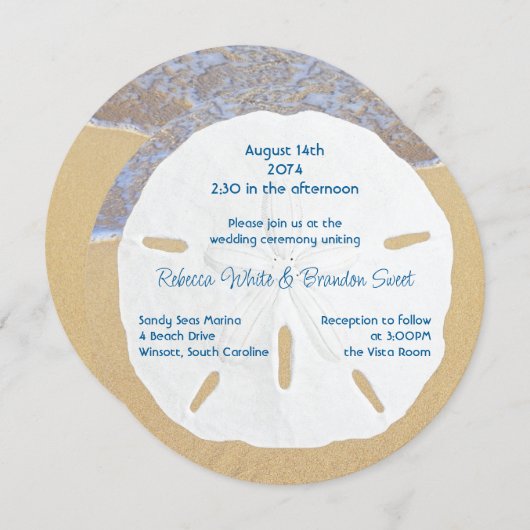 Beach Wedding Sand Dollar Round Invitations Kaart (Voorkant / Achterkant)