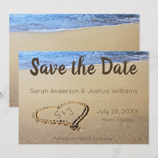 Beach Wedding Sand Heart Initialen Save The Date (Voorkant / Achterkant)