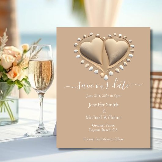 Beach Wedding Sand Hearts-Save Our Date Informatiekaartje