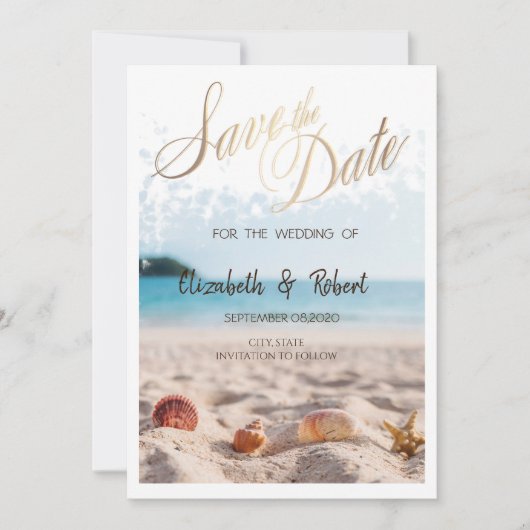 Beach Wedding, Sand, Seashells sparen de Datum Save The Date (Voorkant)
