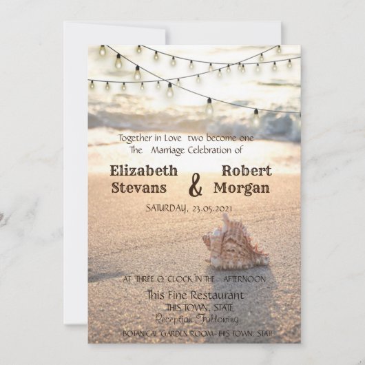 Beach Wedding, Sand, String Lights Seashell Kaart (Voorkant)