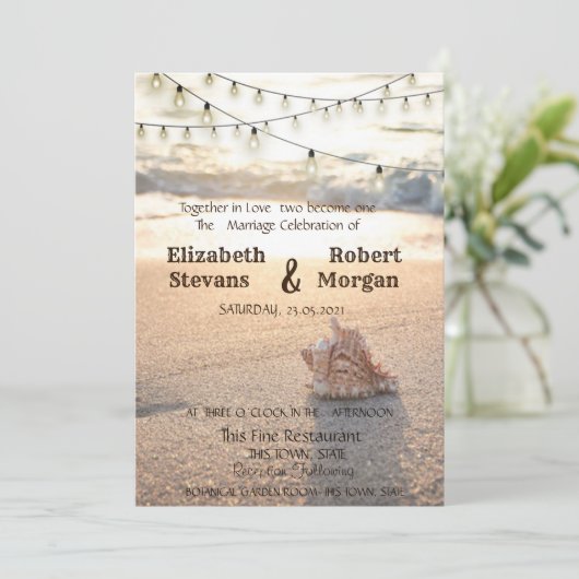 Beach Wedding, Sand, String Lights Seashell Kaart (Staand voorkant)