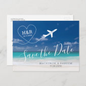 Beach Wedding Save the Date Airplane Destination Aankondigingskaart (Voorkant / Achterkant)