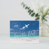 Beach Wedding Save the Date Airplane Destination Aankondigingskaart (Staand voorkant)