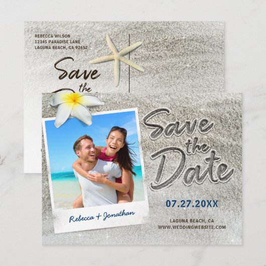Beach Wedding Save the Date Invitations | Manuscri Aankondigingskaart (Voorkant / Achterkant)