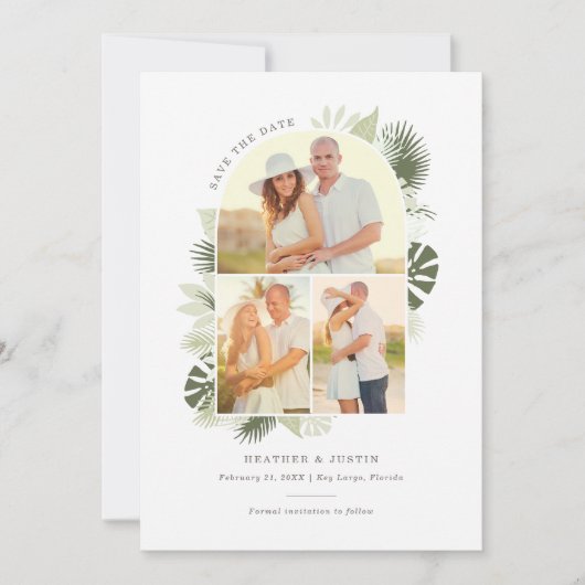 Beach Wedding Save the Date Kaart with Palm Leaves (Voorkant)