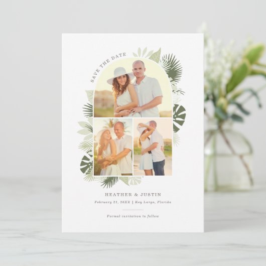 Beach Wedding Save the Date Kaart with Palm Leaves (Staand voorkant)