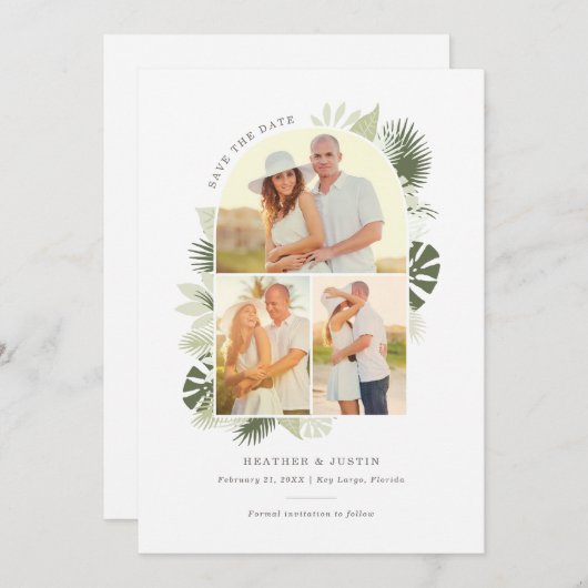 Beach Wedding Save the Date Kaart with Palm Leaves (Voorkant / Achterkant)