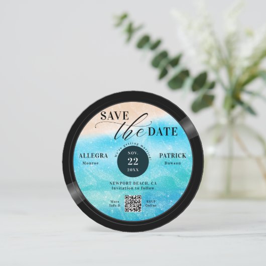 Beach Wedding Save the Date Muziekliefhebber Recor (Staand voorkant)