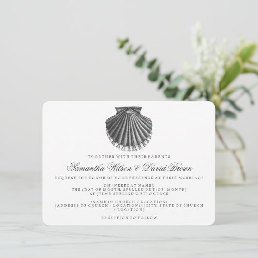 Beach Wedding Scallop Shell Black Kaart (Staand voorkant)
