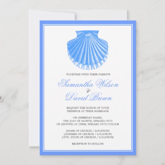 Beach Wedding  Scallop Shell Blue Kaart (Voorkant)