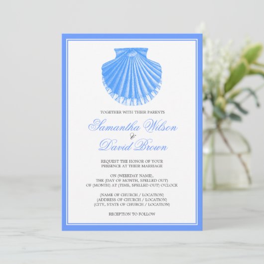 Beach Wedding Scallop Shell Blue Kaart (Staand voorkant)