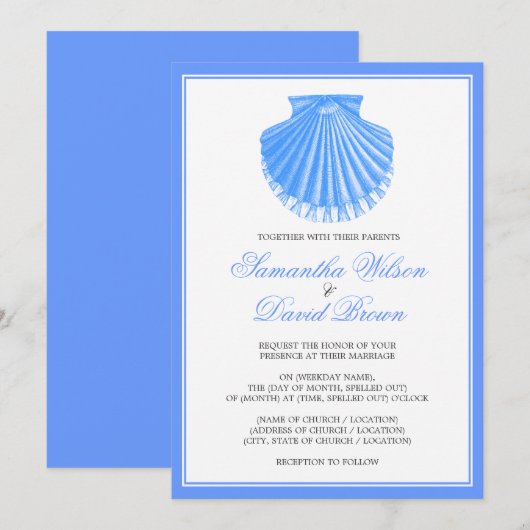 Beach Wedding  Scallop Shell Blue Kaart (Voorkant / Achterkant)