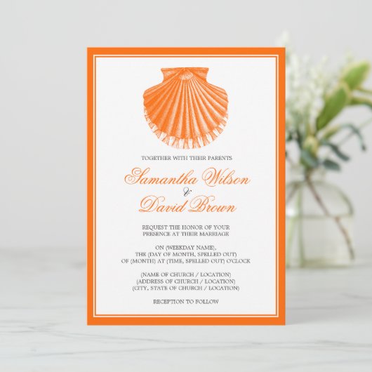 Beach Wedding  Scallop Shell Oranje Kaart (Staand voorkant)