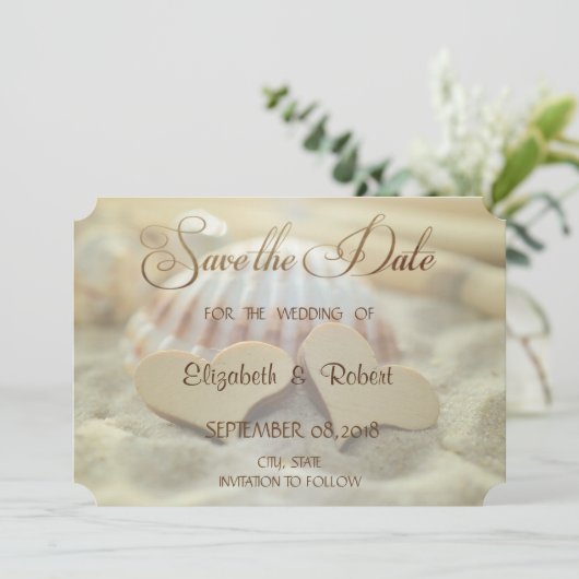 Beach Wedding, Seashell, houten harten sparen de d Save The Date (Staand voorkant)