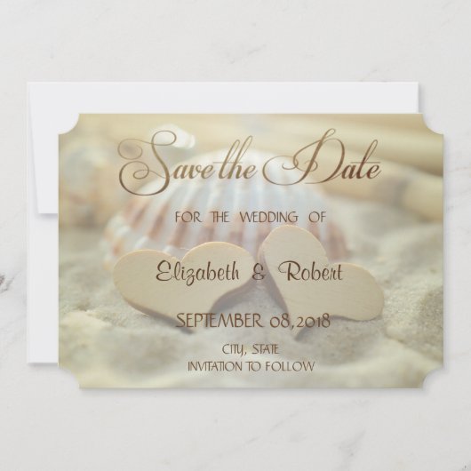 Beach Wedding, Seashell, houten harten sparen de d Save The Date (Voorkant)