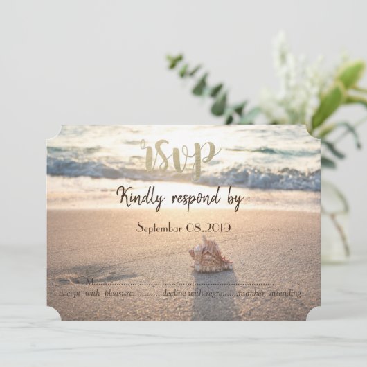 Beach Wedding, Seashell RSVP Kaart (Staand voorkant)