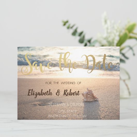 Beach Wedding, Seashell Sunset Save the Date (Staand voorkant)