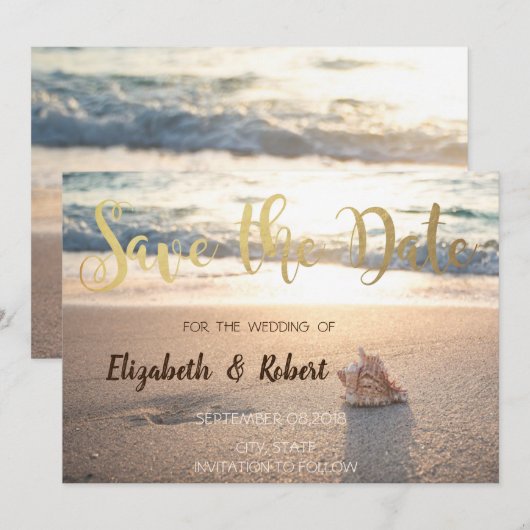 Beach Wedding, Seashell Sunset Save the Date (Voorkant / Achterkant)