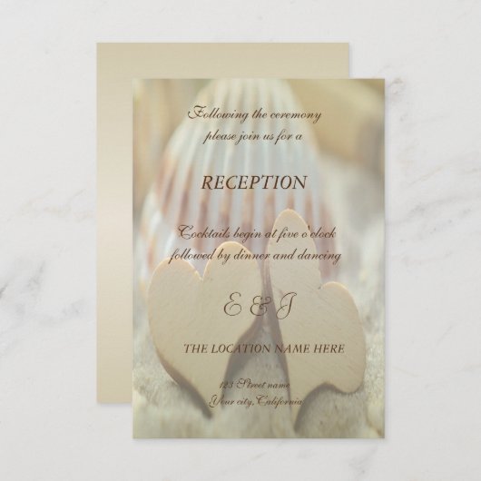 Beach Wedding, Seashell, Wood Hearts Reception Kaart (Voorkant / Achterkant)