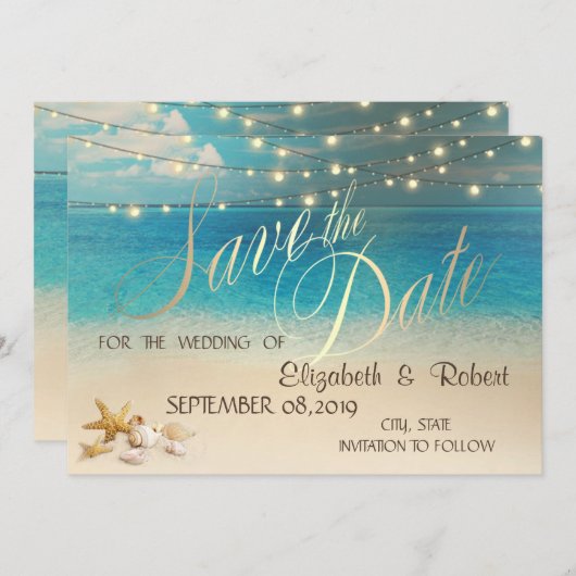 Beach Wedding Seashells lampjes sparen de datum Save The Date (Voorkant / Achterkant)